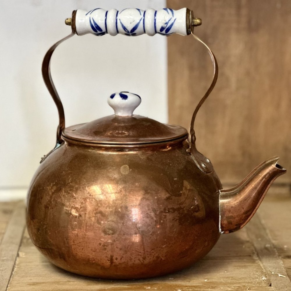 Copper Tea Pot Kettle with Blue and White Ceramic Handle